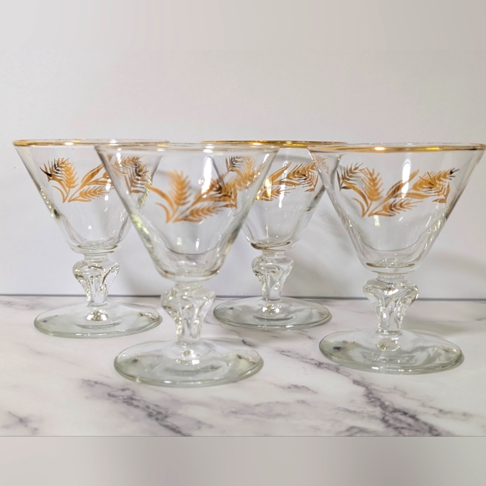 Vintage Libbey MCM 4 oz Gold Wheat Goblet Glasses, Set of 4